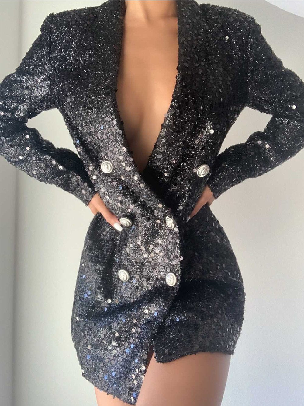 Oversized Double-Breasted Sequins Blazer-Dress