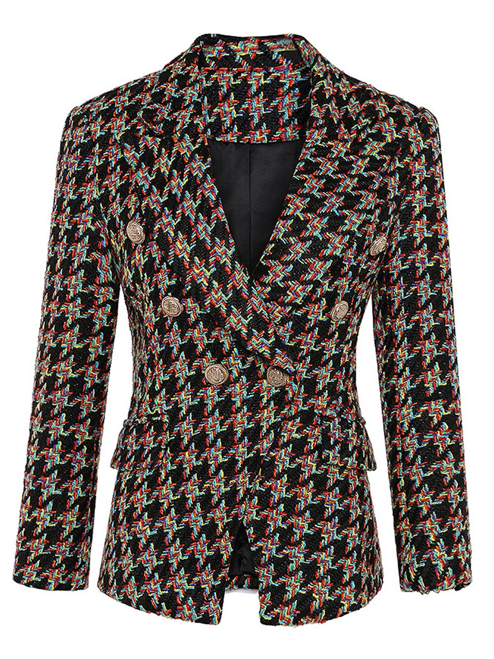 Double-Breasted Houndstooth Tweed Blazer