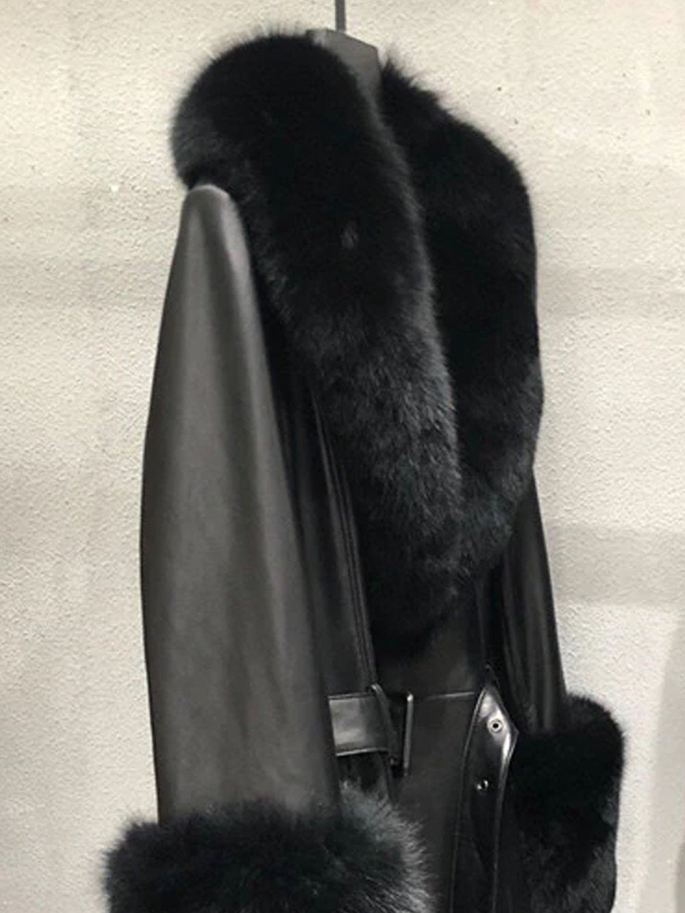 Faux Fur Genuine Leather Coat in Black