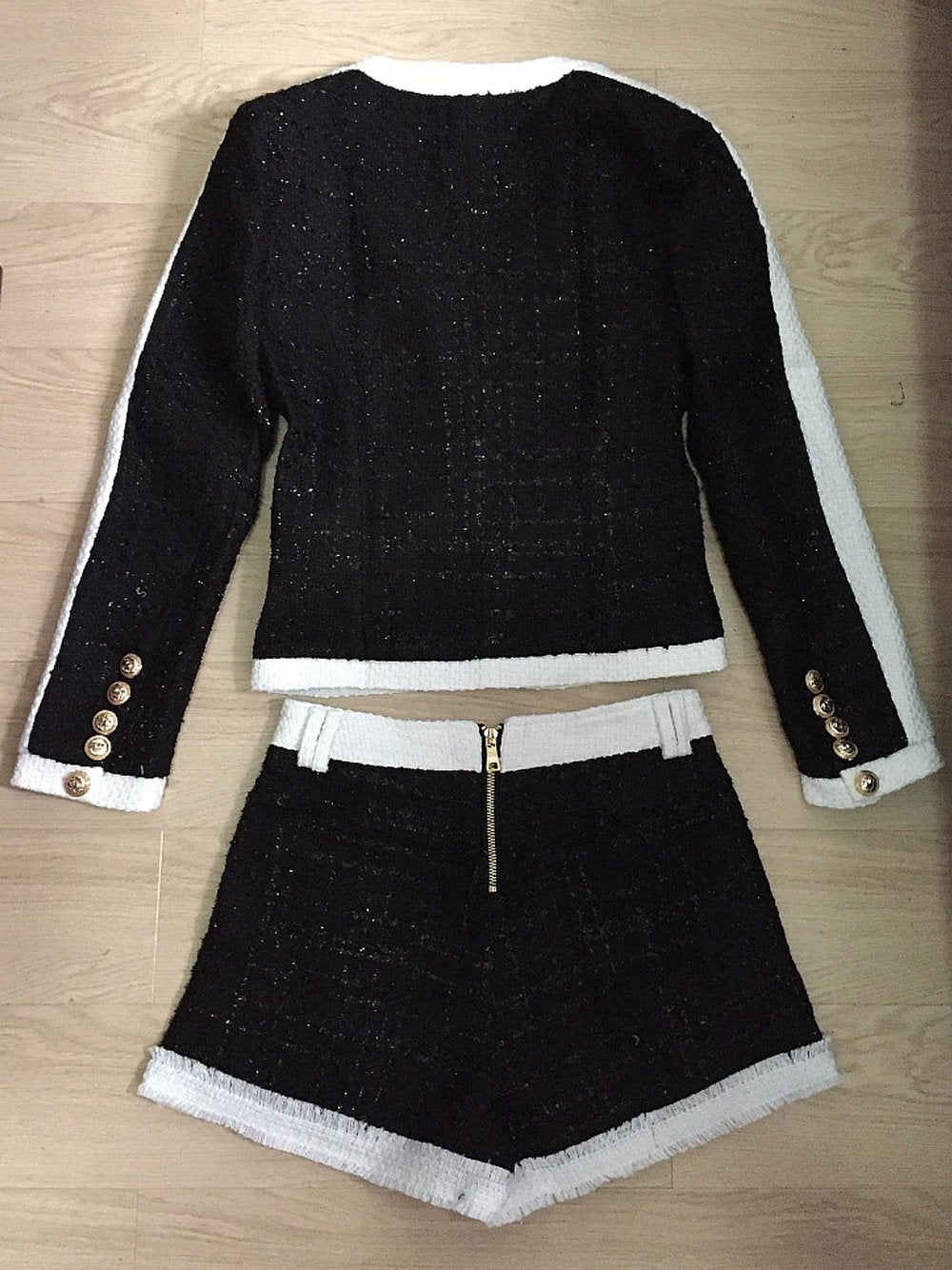 Fringed Tweed Collarless Jacket & Shorts (2-Piece Set)