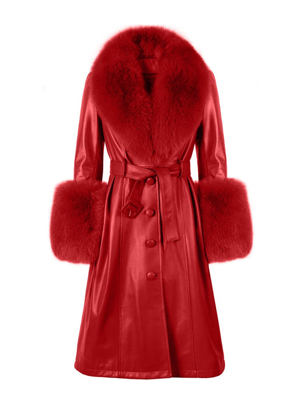 Faux Fur Genuine Leather Coat in Red