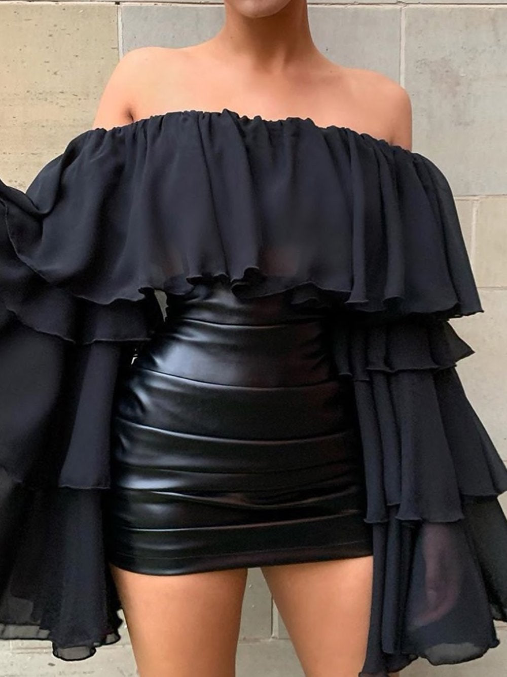 Ruched High Waist Faux Leather Skirt