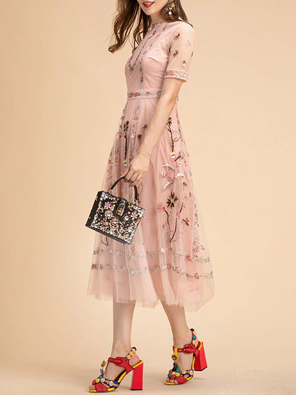 GELZE Lace Midi Dress in Pink