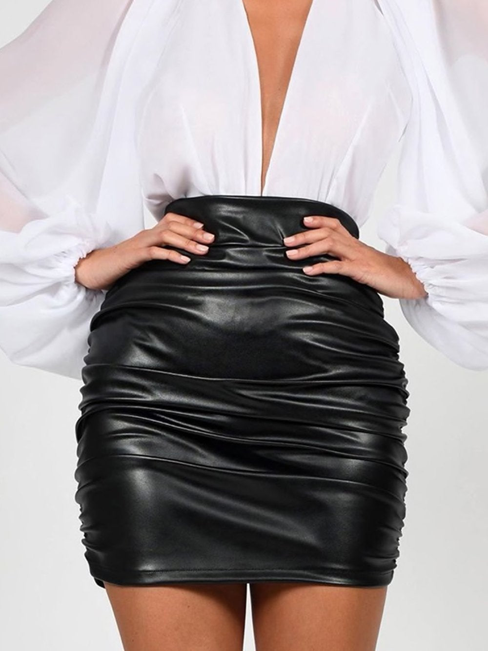 Ruched High Waist Faux Leather Skirt – Gofyo