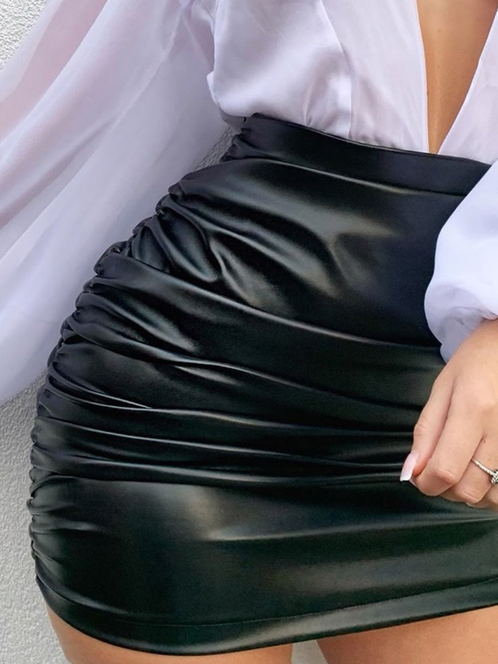 Ruched High Waist Faux Leather Skirt