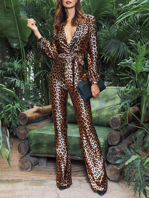 BETSY Deep V-Neck Leopard Jumpsuit