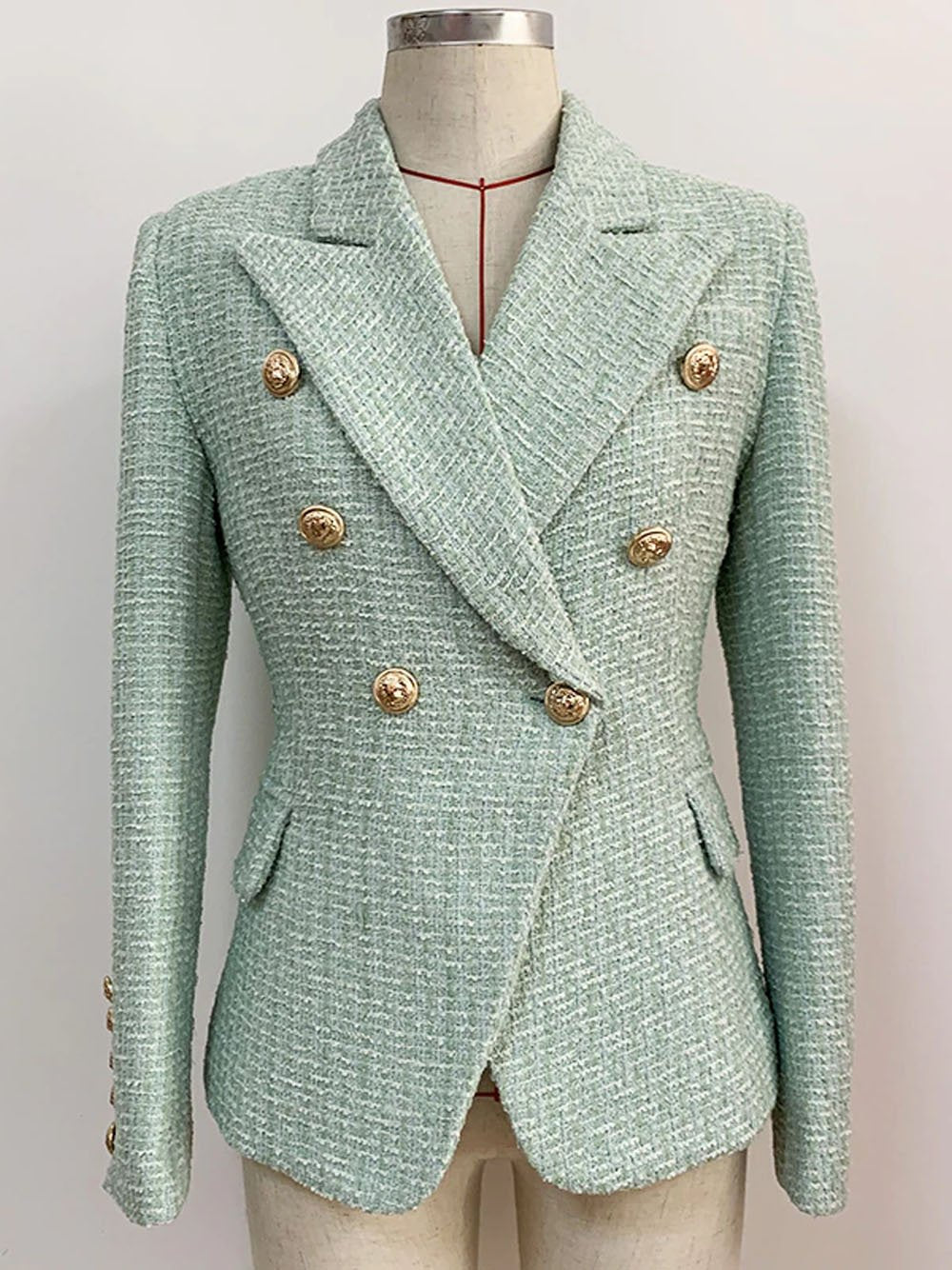 Double Breasted Tweed Blazer in Mint