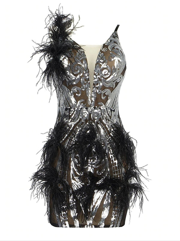 TAO Sequins & Feathers Mini Dress