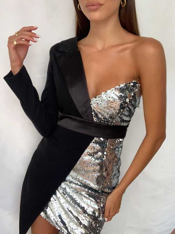BAKATA Silver Half Sequinned Asymmetrical Mini Dress