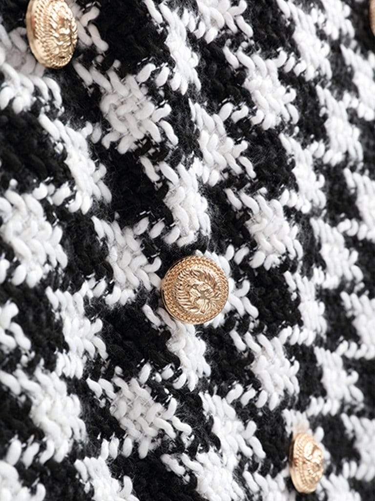 Button-Embellished Tartan Tweed Mini Skirt
