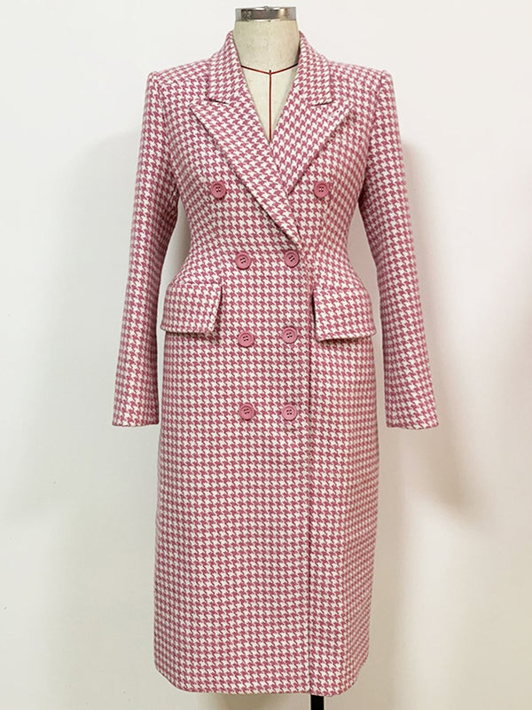 Double Breasted Pink Houndstooth Tweed Coat