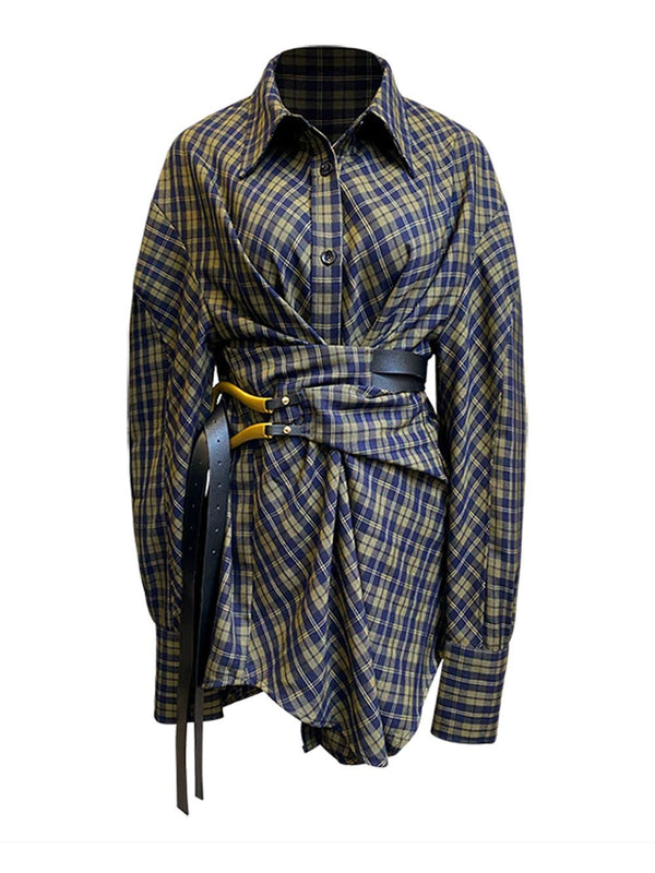 BRISA Belted Plaid Shirt Dress