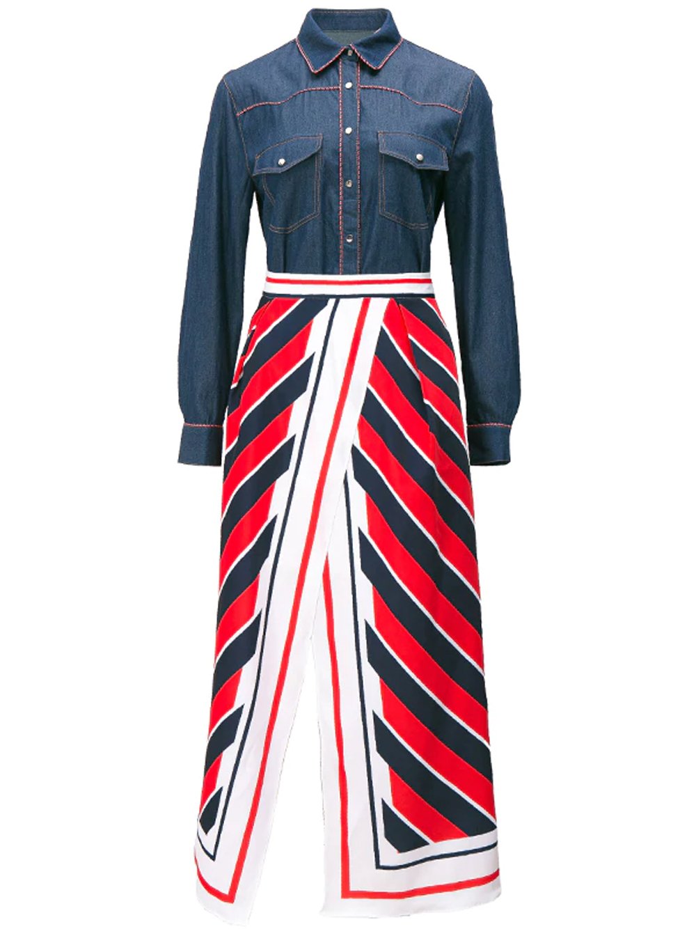 Denim Blouse & Striped Skirt Set