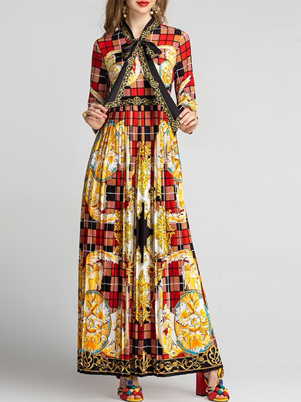 INDA Flower Plaid Print Maxi Dress