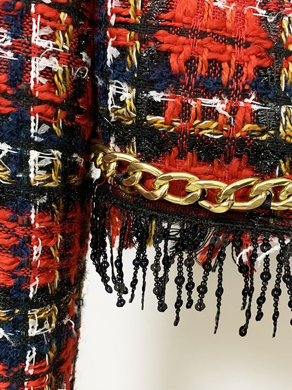 Chains Fringed Plaid Tweed Crop Jacket