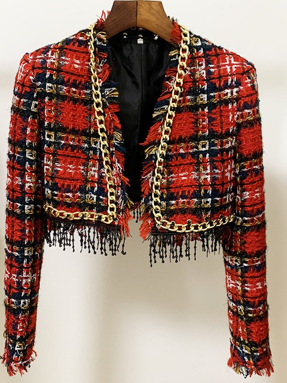 Chains Fringed Plaid Tweed Crop Jacket
