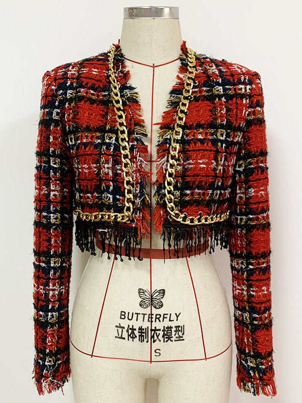 Chains Fringed Plaid Tweed Crop Jacket