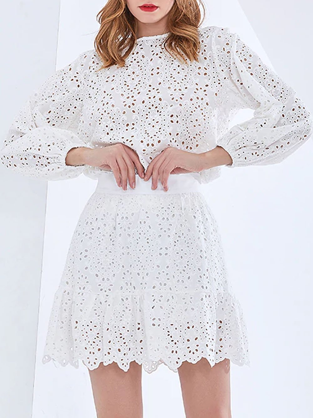 AVERY Lace Blouse & Skirt Set in White