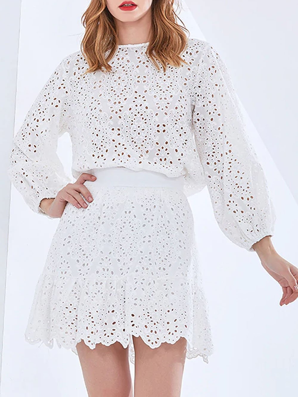 AVERY Lace Blouse & Skirt Set in White