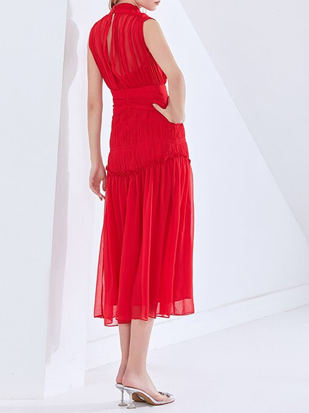 QUINN Ruched Midi Dress in Red