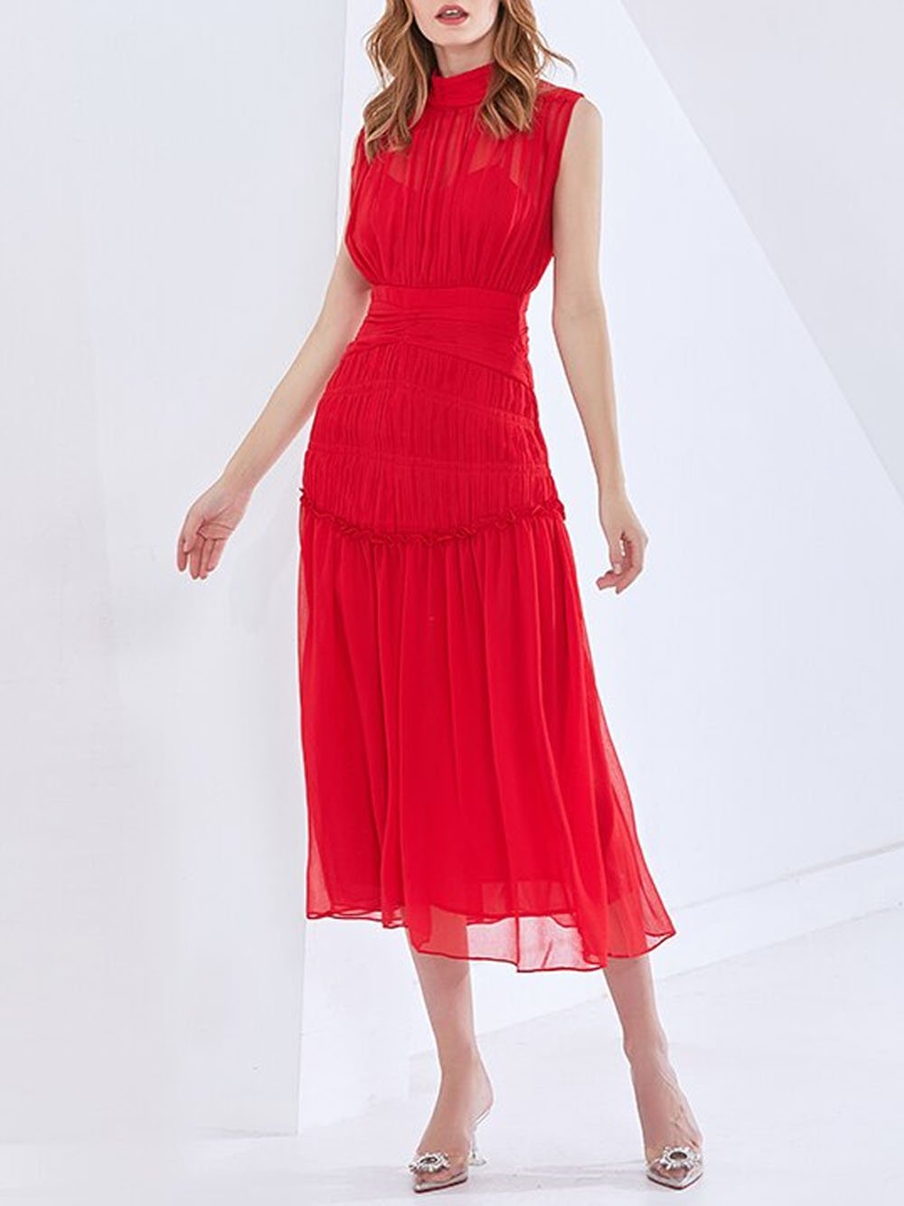 QUINN Ruched Midi Dress in Red