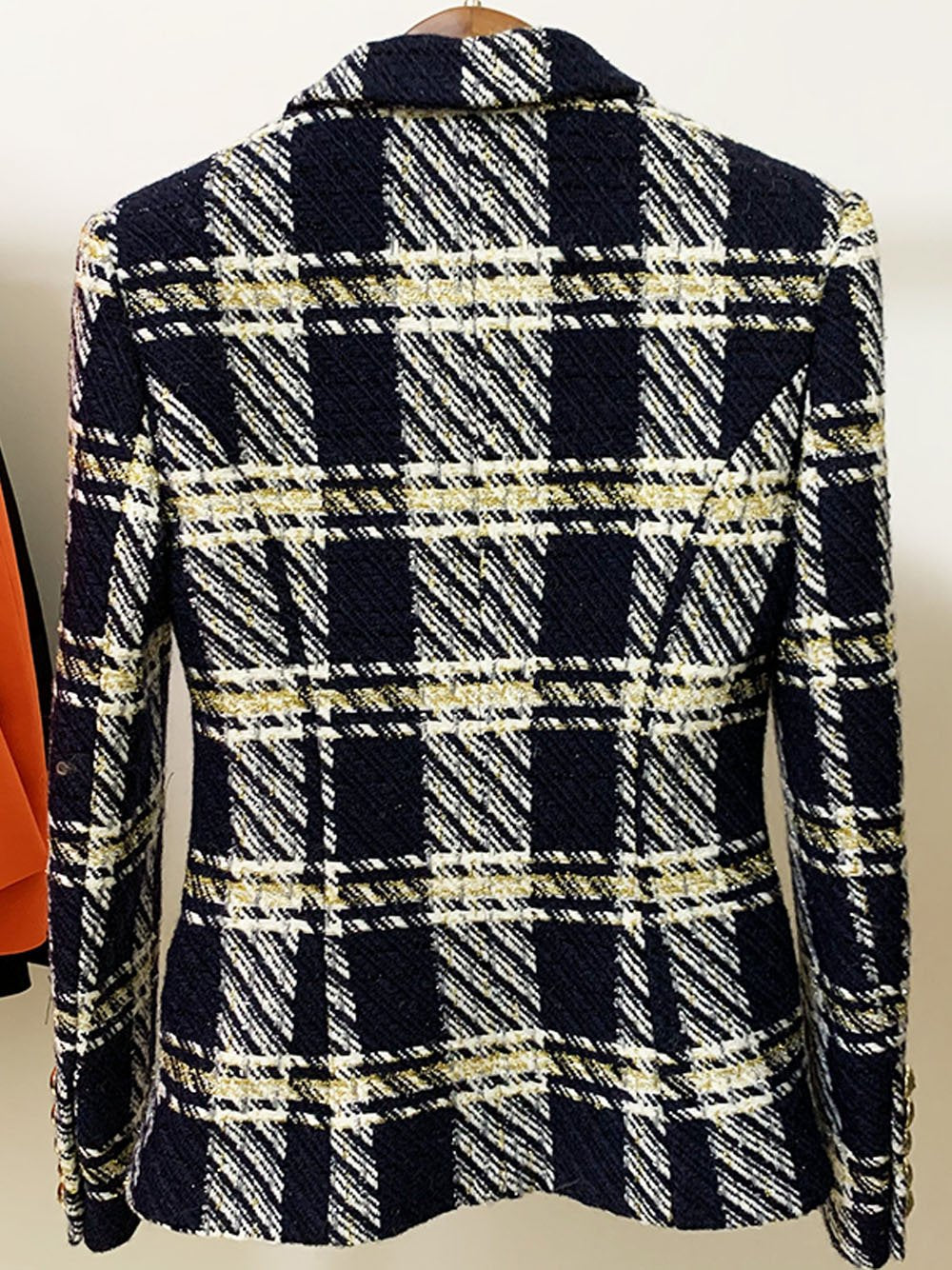 Double Breasted Plaid Wool Tweed Blazer