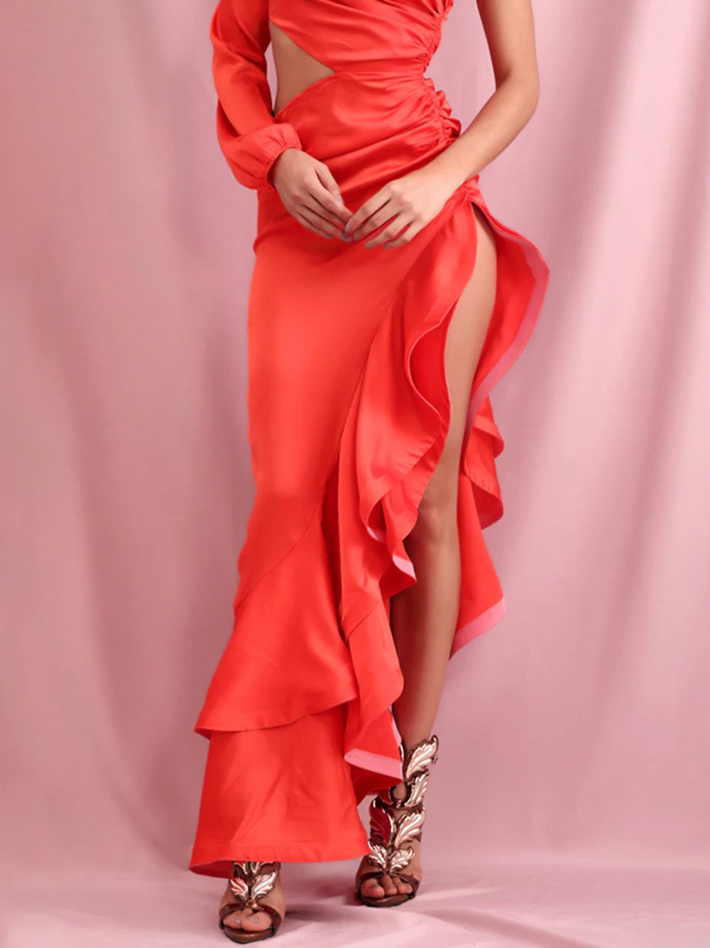 KARNIT Cut Out Ruffled Maxi Dress in Red