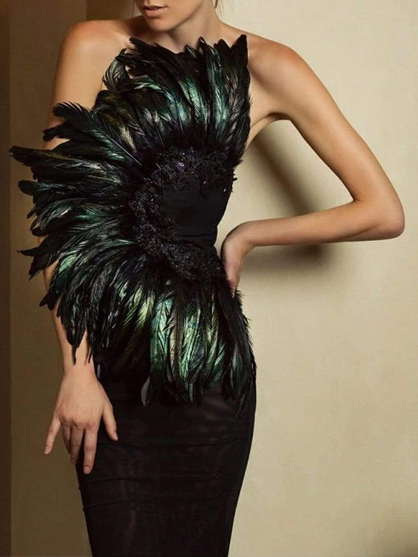 GEMINI Strapless Feathered Dress
