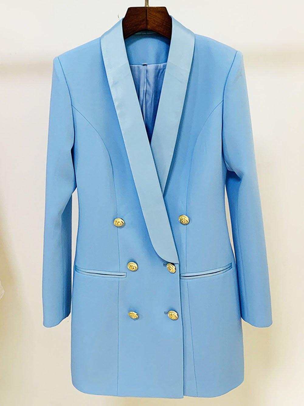 Double Breasted Long Blazer in Light Blue
