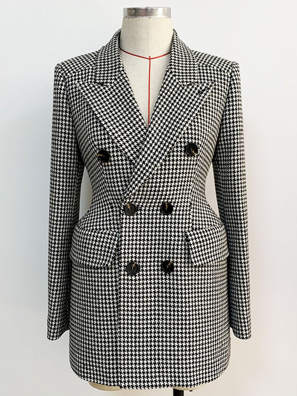 Double Breasted Houndstooth Tweed Coat