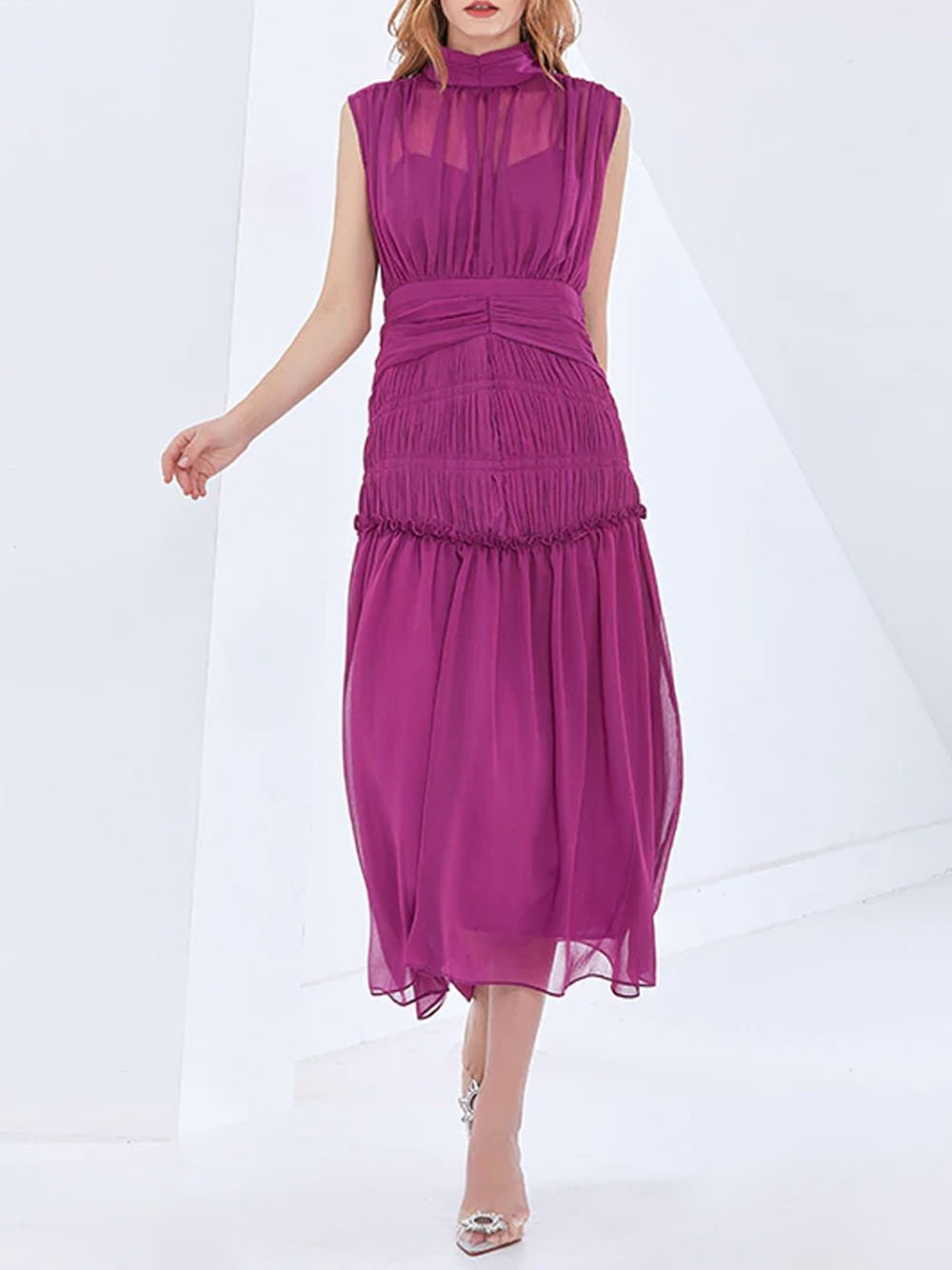 QUINN Ruched Midi Dress in Purple