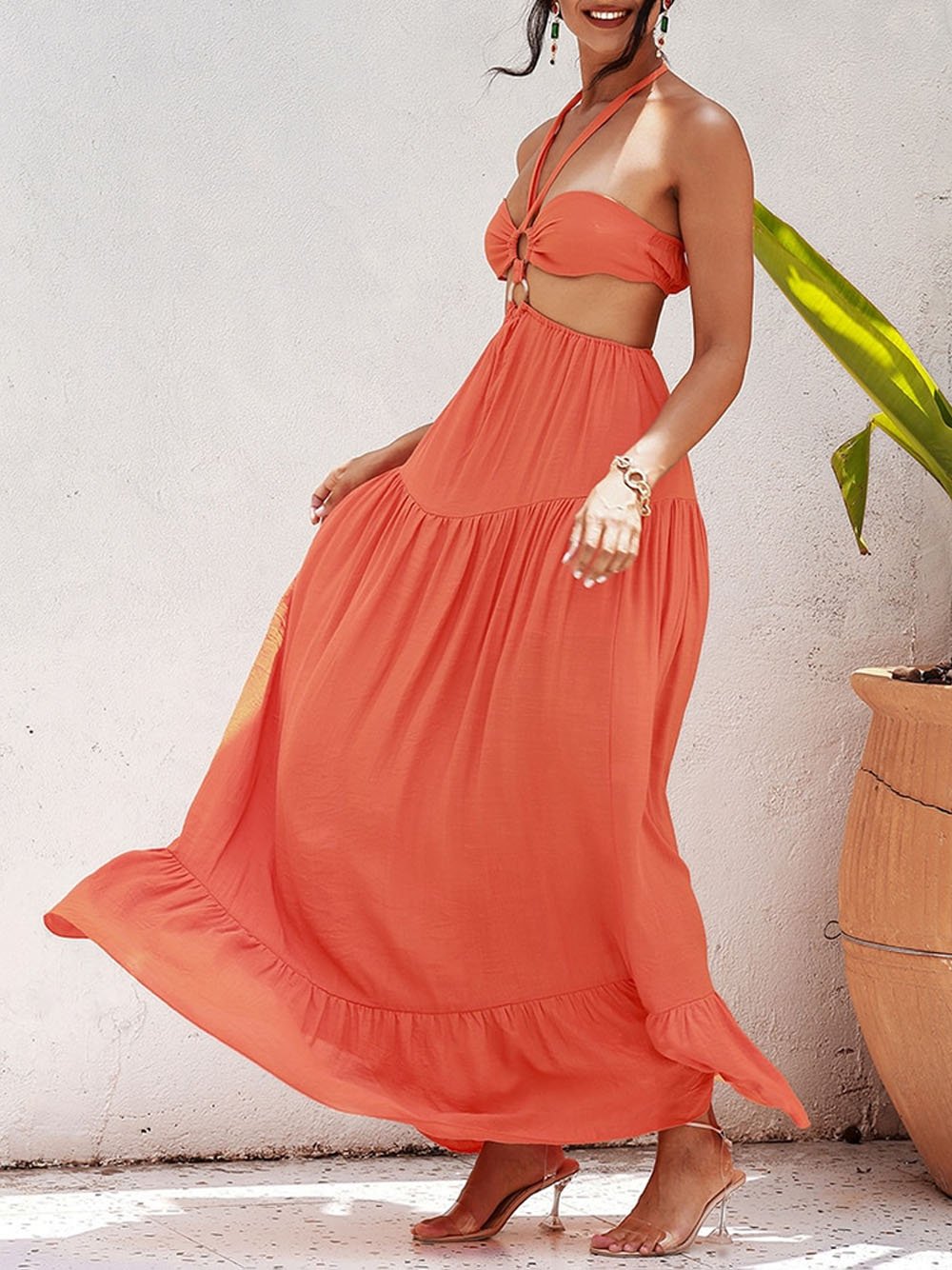 FIDELLE Tube Top Cut Out Maxi Dress in Orange