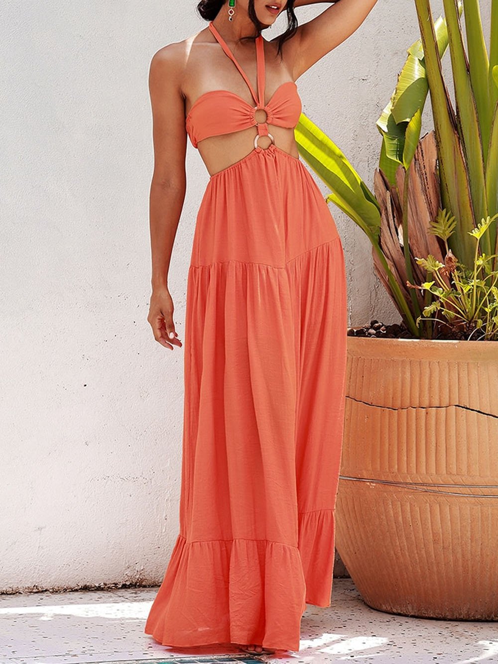 FIDELLE Tube Top Cut Out Maxi Dress in Orange