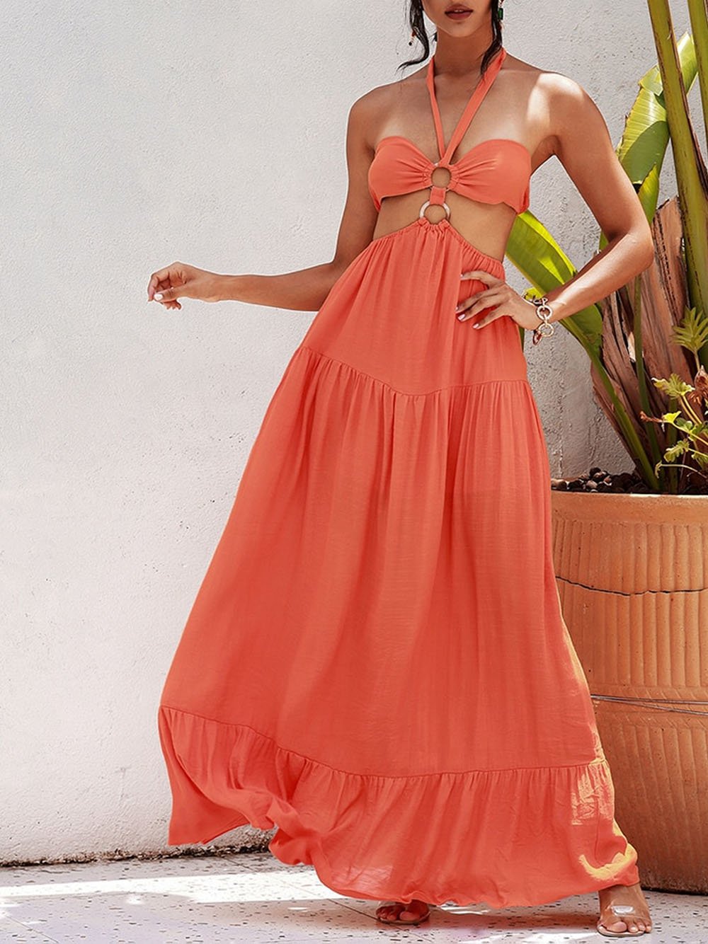 FIDELLE Tube Top Cut Out Maxi Dress in Orange