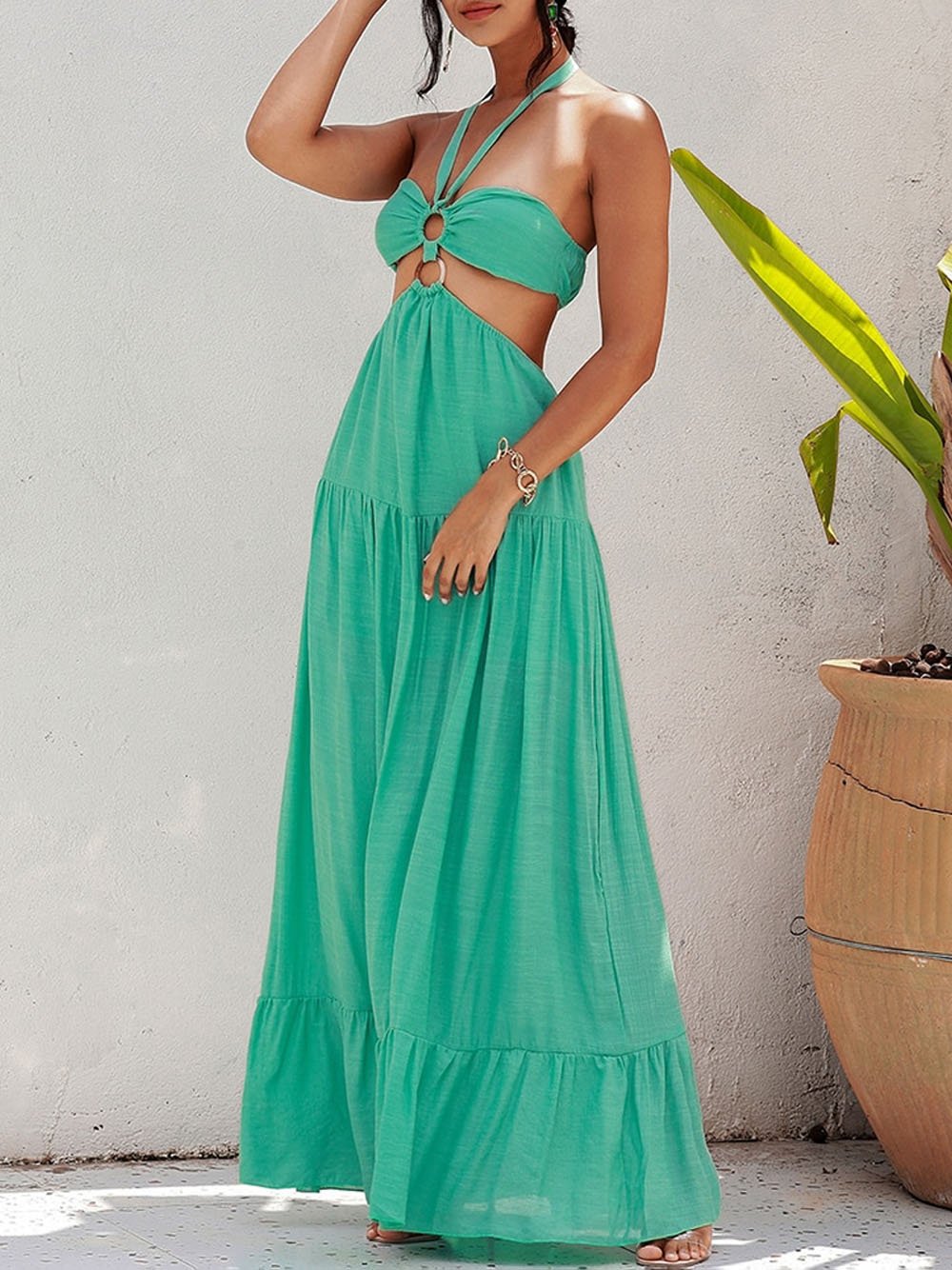 FIDELLE Tube Top Cut Out Maxi Dress in Green