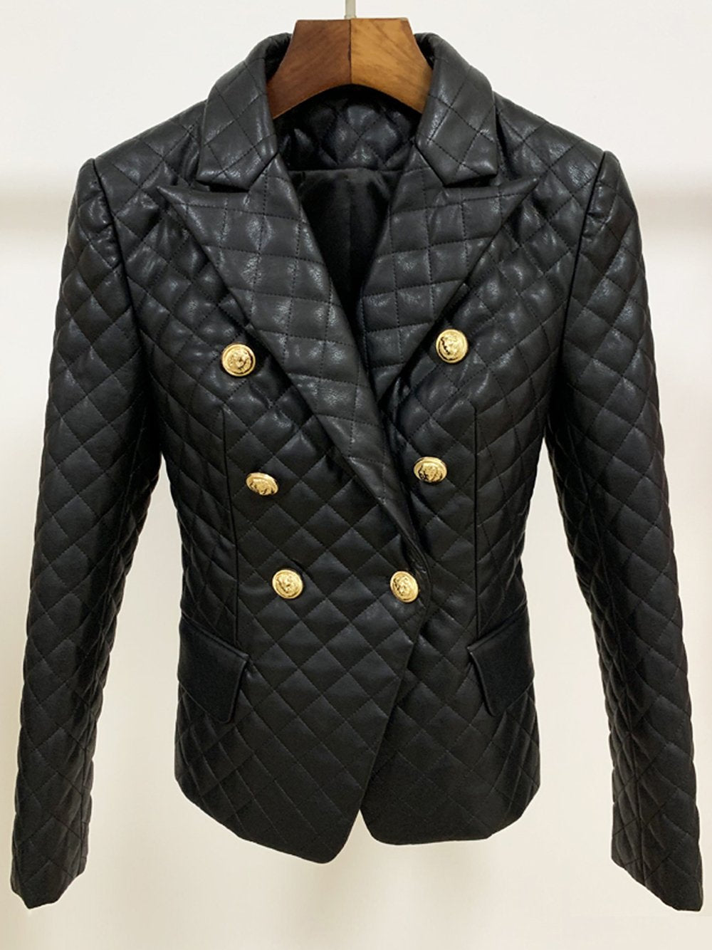 Double-Breasted Plaid Leather Blazer