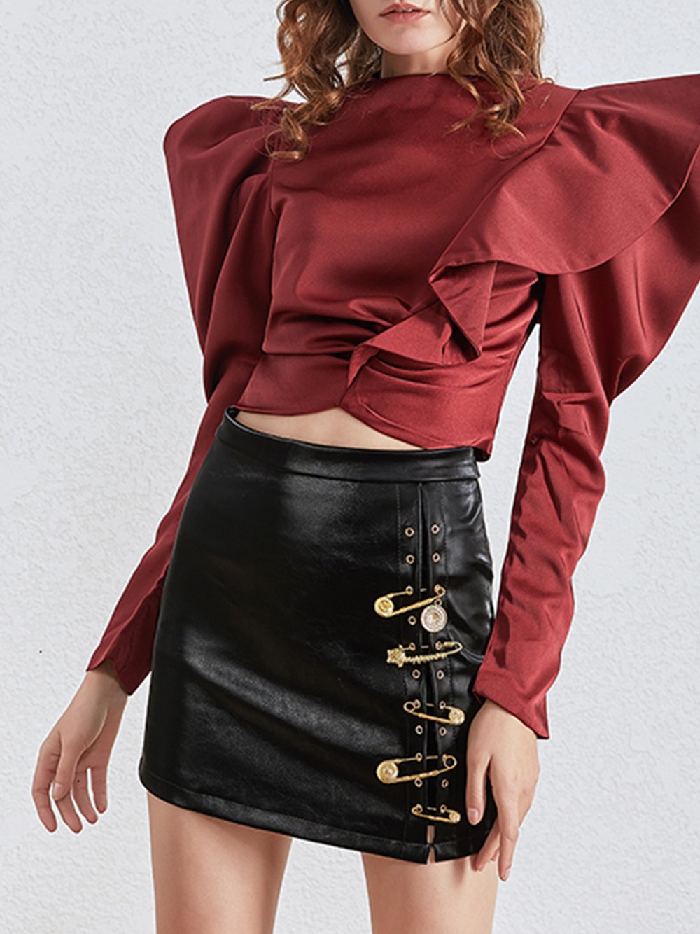 Pin Embellished Faux Leather Mini Skirt
