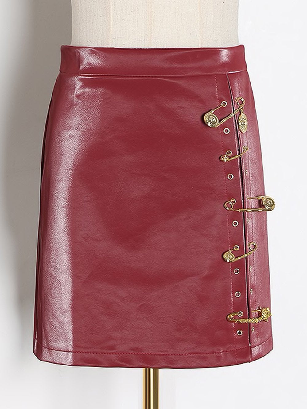 Pin Embellished Faux Leather Mini Skirt