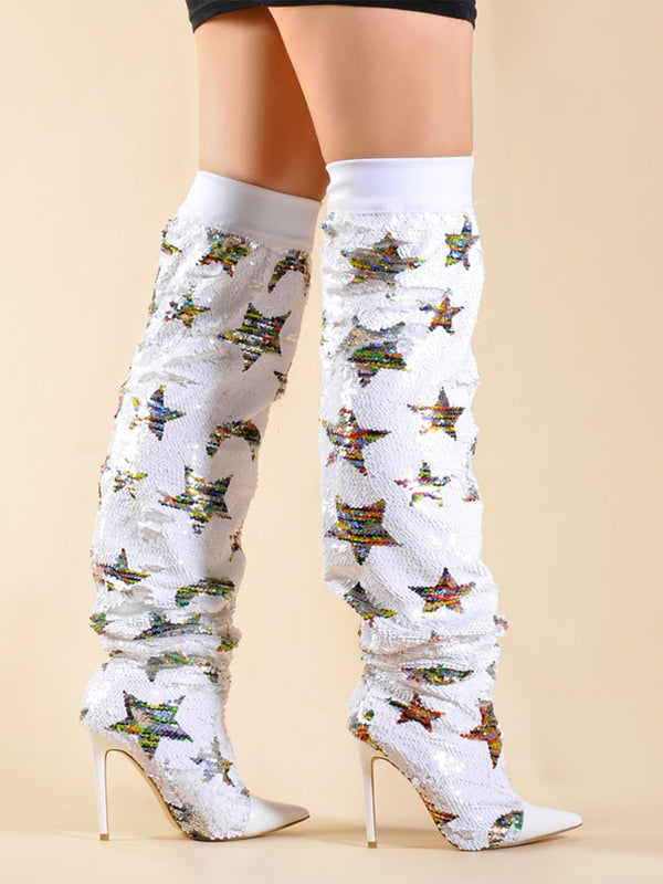 Moon & Star-Decorated Stiletto Boots