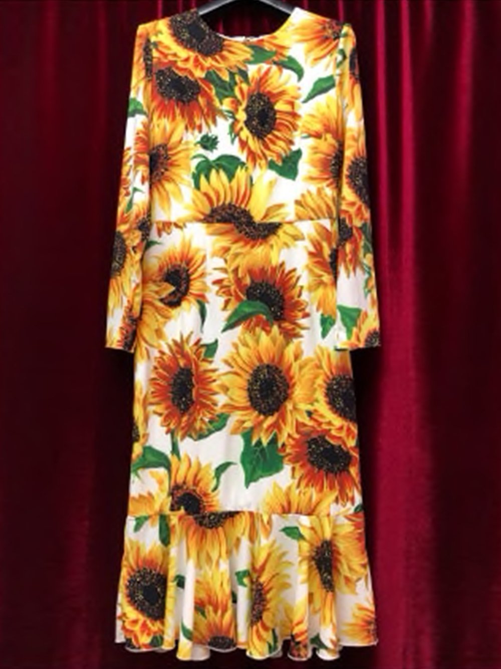 FLOWER POWER Long-Sleeved Ruffled Midi Dress