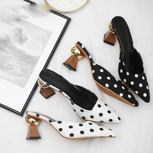 Polka Dot Satin Pointed Toe Strange High Heels Women Mules Shoes