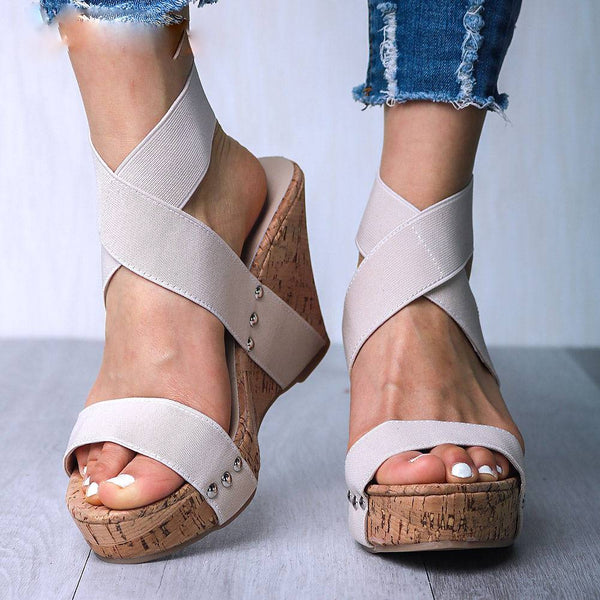 Leisure Wood Elastic Cross Strap Wedges