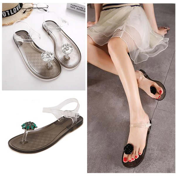 Rhinestone Flower Transparent Flat Sandal