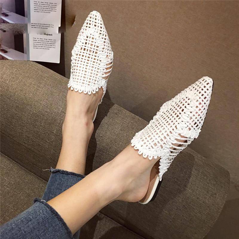 Rattan Knit Indoor Pointed Toe Women Mules Shoes