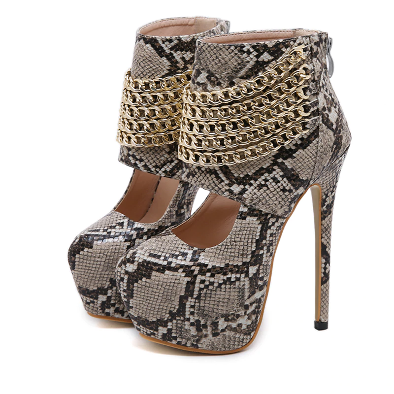 Serpentine Chain Rivet Platform Ankle Heel Boot