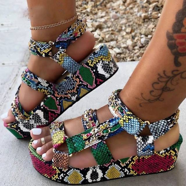 Luxury Colorful Snake Patterned Flat Wedges