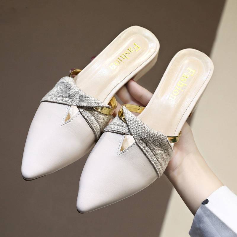Classic PU Leather Pointed Toe Golden Ring Decoration Women Mules Shoes