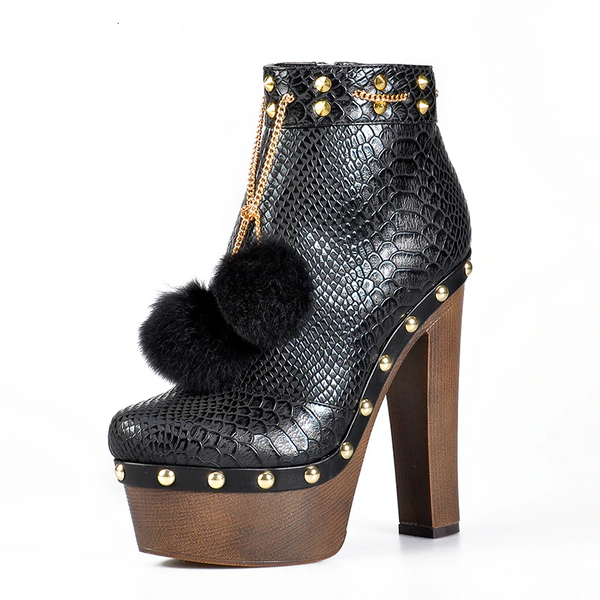 Snake Printed PU Leather with Pom Pom Fur Women Ankle Boots
