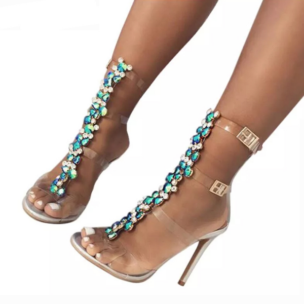 Gladiator Transparent Crystal Strap Heeled Sandal