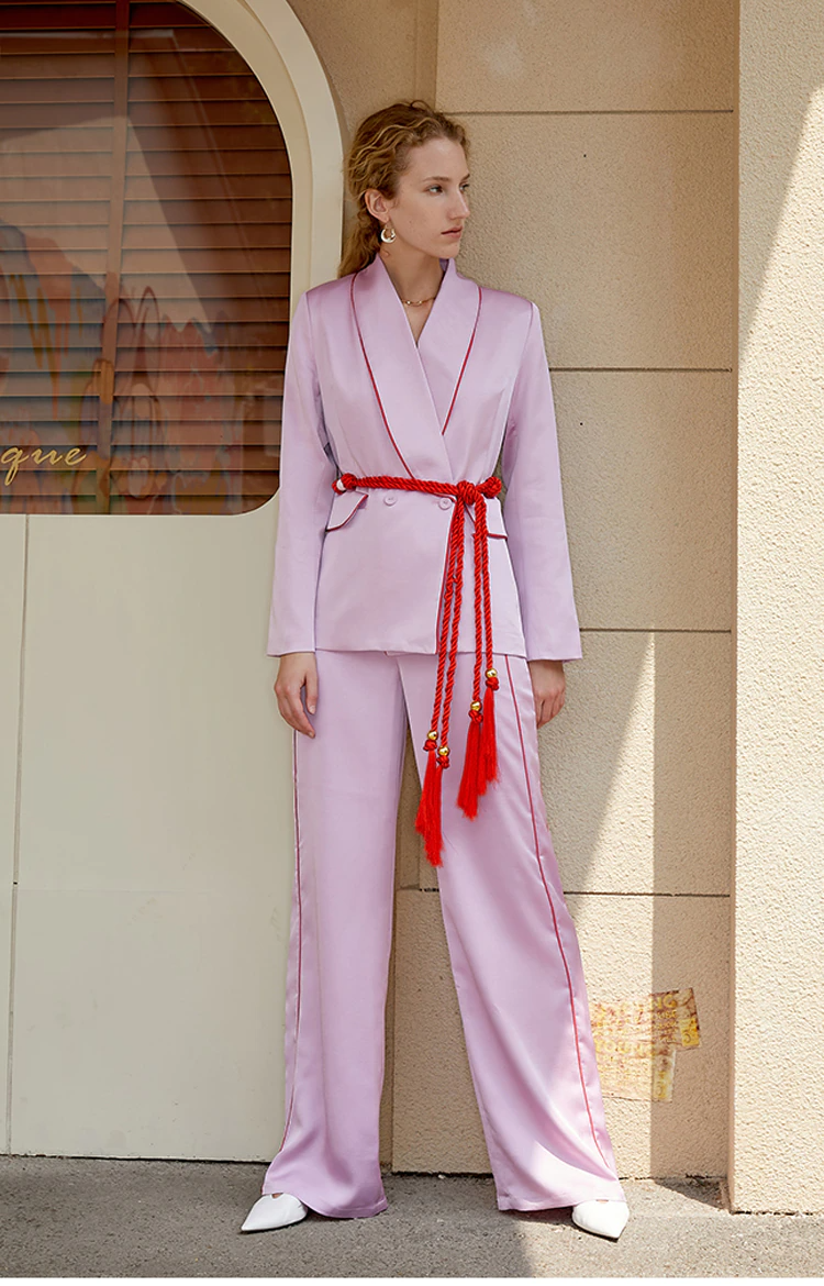 GF Double-breasted Satin Blazer + Pants Matching Set in Pink